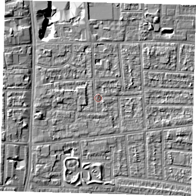 Shaded relief map of the ground around N170BB, computed from Environment Agency LiDAR. The ground here sits at about 10 m above sea level and falls 11 m across the surrounding 800 m. Surface water reaching this point runs off ground lying to the west-south-west, 2.7 m higher.