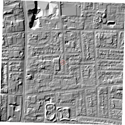 Shaded relief map of the ground around N170BD, computed from Environment Agency LiDAR. The ground here sits at about 10 m above sea level and falls 13 m across the surrounding 800 m. Surface water reaching this point runs off ground lying to the north-west, 1.9 m higher.