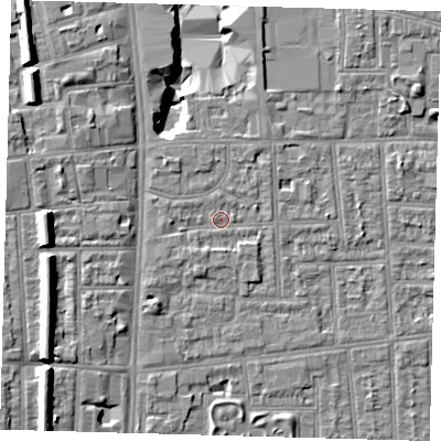 Shaded relief map of the ground around N170BE, computed from Environment Agency LiDAR. The ground here sits at about 10 m above sea level and falls 15 m across the surrounding 800 m. Surface water reaching this point runs off ground lying to the south-south-west, 1.8 m higher.
