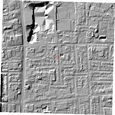 Shaded relief map of the ground around N170BG, computed from Environment Agency LiDAR. The ground here sits at about 11 m above sea level and falls 14 m across the surrounding 800 m. Surface water reaching this point runs off ground lying to the west-north-west, 0.7 m higher.
