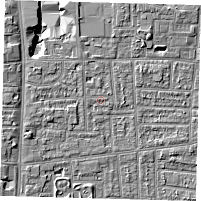 Shaded relief map of the ground around N170BL, computed from Environment Agency LiDAR. The ground here sits at about 10 m above sea level and falls 10 m across the surrounding 800 m. Surface water reaching this point runs off ground lying to the east-north-east, 0.8 m higher.
