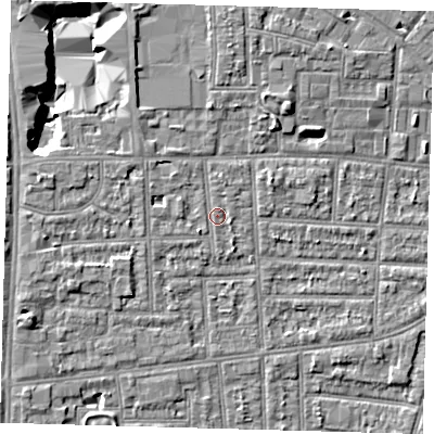 Shaded relief map of the ground around N170BN, computed from Environment Agency LiDAR. The ground here sits at about 10 m above sea level and falls 10 m across the surrounding 800 m. Surface water reaching this point runs off ground lying to the north, 2.6 m higher.
