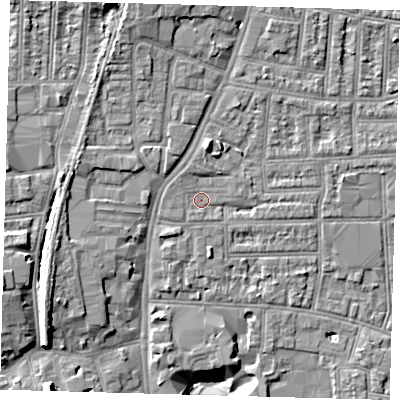 Shaded relief map of the ground around N170BW, computed from Environment Agency LiDAR. The ground here sits at about 12 m above sea level and falls 11 m across the surrounding 800 m. Surface water reaching this point runs off ground lying to the north-west, 0.7 m higher.