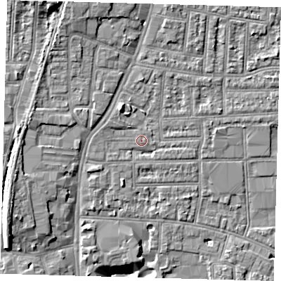 Shaded relief map of the ground around N170DE, computed from Environment Agency LiDAR. The ground here sits at about 12 m above sea level and falls 13 m across the surrounding 800 m. Surface water reaching this point runs off ground lying to the west-north-west, 1.1 m higher.