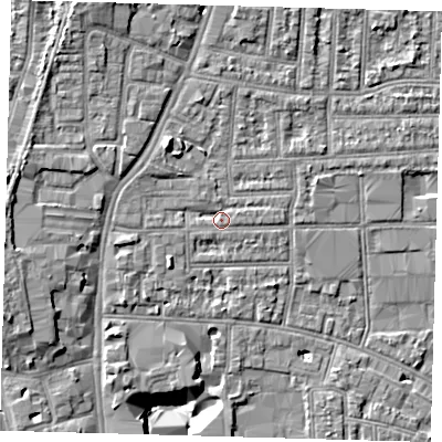 Shaded relief map of the ground around N170DT, computed from Environment Agency LiDAR. The ground here sits at about 12 m above sea level and falls 9 m across the surrounding 800 m. Surface water reaching this point runs off ground lying to the north-west, 1.8 m higher.