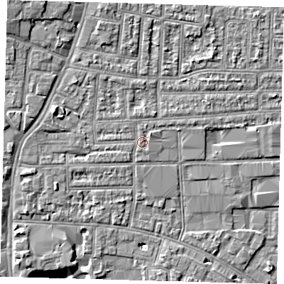 Shaded relief map of the ground around N170DU, computed from Environment Agency LiDAR. The ground here sits at about 12 m above sea level and falls 10 m across the surrounding 800 m. Surface water reaching this point runs off ground lying to the north-west, 4.5 m higher.