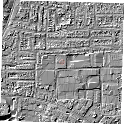 Shaded relief map of the ground around N170DX, computed from Environment Agency LiDAR. The ground here sits at about 12 m above sea level and falls 8 m across the surrounding 800 m. The ground contributing surface water to this point lies to the west.