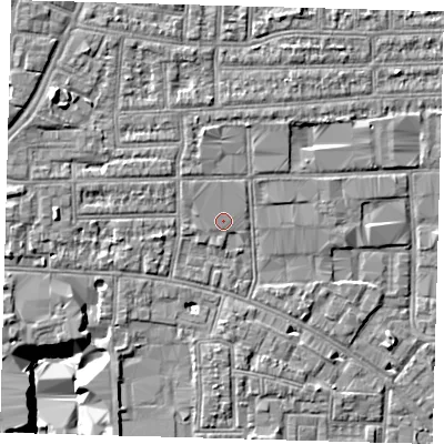 Shaded relief map of the ground around N170DY, computed from Environment Agency LiDAR. The ground here sits at about 12 m above sea level and falls 8 m across the surrounding 800 m. Surface water reaching this point runs off ground lying to the west-north-west, 0.8 m higher.