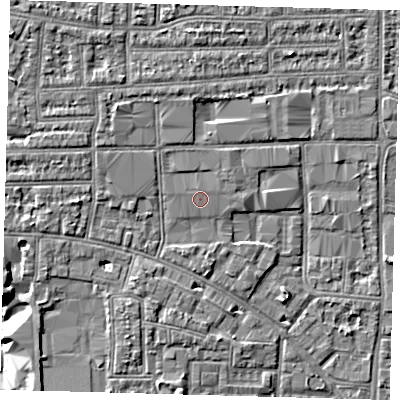 Shaded relief map of the ground around N170EB, computed from Environment Agency LiDAR. The ground here sits at about 11 m above sea level and falls 6 m across the surrounding 800 m. The ground contributing surface water to this point lies to the north.