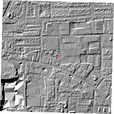 Shaded relief map of the ground around N170EN, computed from Environment Agency LiDAR. The ground here sits at about 11 m above sea level and falls 12 m across the surrounding 800 m. Surface water reaching this point runs off ground lying to the north-west, 5.1 m higher.