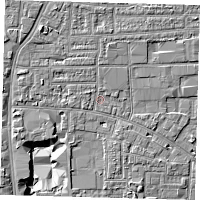Shaded relief map of the ground around N170ET, computed from Environment Agency LiDAR. The ground here sits at about 11 m above sea level and falls 12 m across the surrounding 800 m. Surface water reaching this point runs off ground lying to the north-west, 3.2 m higher.