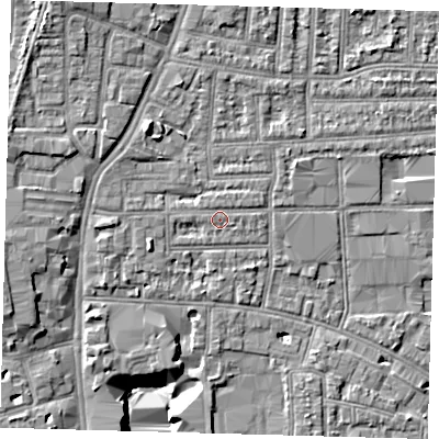 Shaded relief map of the ground around N170EU, computed from Environment Agency LiDAR. The ground here sits at about 12 m above sea level and falls 9 m across the surrounding 800 m. The ground contributing surface water to this point lies to the north.