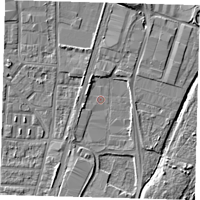 Shaded relief map of the ground around N170EW, computed from Environment Agency LiDAR. The ground here sits at about 9 m above sea level and falls 9 m across the surrounding 800 m. Surface water reaching this point runs off ground lying to the west-north-west, 3.3 m higher.