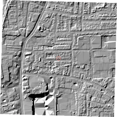 Shaded relief map of the ground around N170EX, computed from Environment Agency LiDAR. The ground here sits at about 12 m above sea level and falls 9 m across the surrounding 800 m. Surface water reaching this point runs off ground lying to the west, 1.9 m higher.