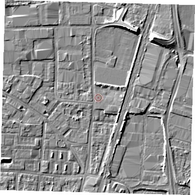 Shaded relief map of the ground around N170FA, computed from Environment Agency LiDAR. The ground here sits at about 10 m above sea level and falls 9 m across the surrounding 800 m. Surface water reaching this point runs off ground lying to the north-north-east, 7.7 m higher.