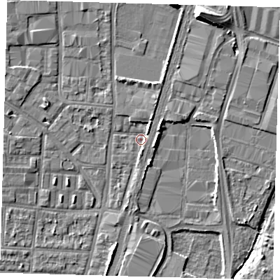 Shaded relief map of the ground around N170FF, computed from Environment Agency LiDAR. The ground here sits at about 9 m above sea level and falls 10 m across the surrounding 800 m. Surface water reaching this point runs off ground lying to the north-north-east, 8.1 m higher.