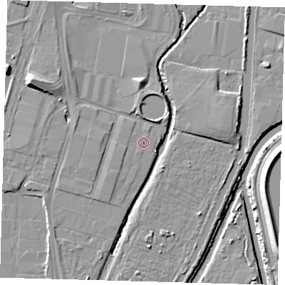 Shaded relief map of the ground around N170FG, computed from Environment Agency LiDAR. The ground here sits at about 10 m above sea level and falls 11 m across the surrounding 800 m. Surface water reaching this point runs off ground lying to the south-west, 1.2 m higher.