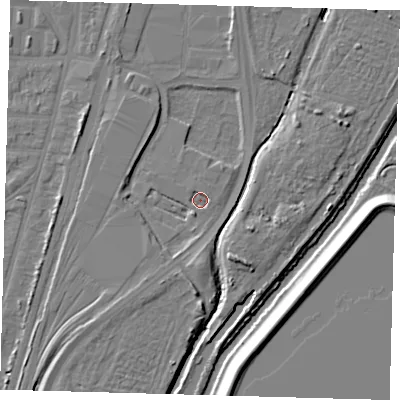 Shaded relief map of the ground around N170FJ, computed from Environment Agency LiDAR. The ground here sits at about 9 m above sea level and falls 10 m across the surrounding 800 m. Surface water reaching this point runs off ground lying to the north-west, 1.3 m higher.