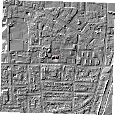 Shaded relief map of the ground around N170HJ, computed from Environment Agency LiDAR. The ground here sits at about 11 m above sea level and falls 4 m across the surrounding 800 m. Surface water reaching this point runs off ground lying to the north-west, 3.7 m higher.