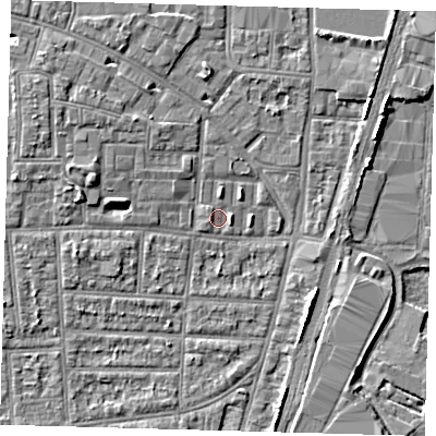 Shaded relief map of the ground around N170HR, computed from Environment Agency LiDAR. The ground here sits at about 10 m above sea level and falls 5 m across the surrounding 800 m. Surface water reaching this point runs off ground lying to the east, 1.0 m higher.