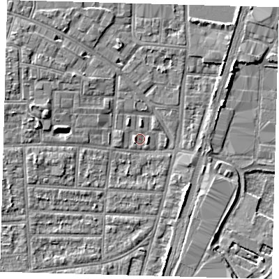 Shaded relief map of the ground around N170HS, computed from Environment Agency LiDAR. The ground here sits at about 9 m above sea level and falls 5 m across the surrounding 800 m. Surface water reaching this point runs off ground lying to the east-north-east, 1.2 m higher.