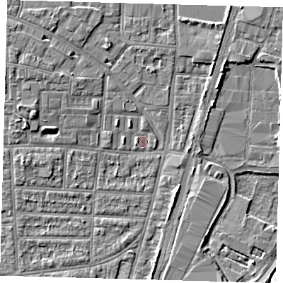 Shaded relief map of the ground around N170HT, computed from Environment Agency LiDAR. The ground here sits at about 9 m above sea level and falls 5 m across the surrounding 800 m. Surface water reaching this point runs off ground lying to the west-north-west, 3.7 m higher.