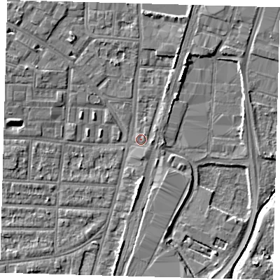Shaded relief map of the ground around N170HU, computed from Environment Agency LiDAR. The ground here sits at about 10 m above sea level and falls 6 m across the surrounding 800 m. Surface water reaching this point runs off ground lying to the west-north-west, 3.1 m higher.