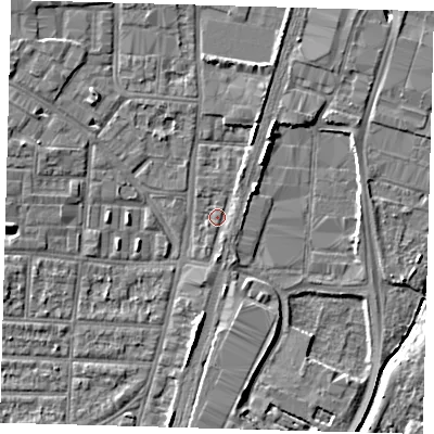 Shaded relief map of the ground around N170HX, computed from Environment Agency LiDAR. The ground here sits at about 10 m above sea level and falls 5 m across the surrounding 800 m. Surface water reaching this point runs off ground lying to the south, 1.6 m higher.