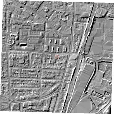Shaded relief map of the ground around N170JA, computed from Environment Agency LiDAR. The ground here sits at about 10 m above sea level and falls 5 m across the surrounding 800 m. Surface water reaching this point runs off ground lying to the west-north-west, 3.7 m higher.