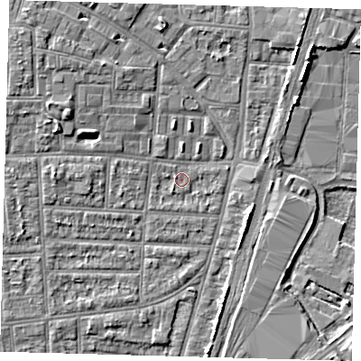 Shaded relief map of the ground around N170JB, computed from Environment Agency LiDAR. The ground here sits at about 9 m above sea level and falls 5 m across the surrounding 800 m. Surface water reaching this point runs off ground lying to the west-north-west, 3.7 m higher.