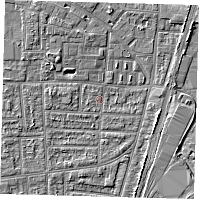 Shaded relief map of the ground around N170JD, computed from Environment Agency LiDAR. The ground here sits at about 10 m above sea level and falls 4 m across the surrounding 800 m. Surface water reaching this point runs off ground lying to the west, 2.1 m higher.