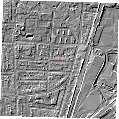 Shaded relief map of the ground around N170JE, computed from Environment Agency LiDAR. The ground here sits at about 10 m above sea level and falls 5 m across the surrounding 800 m. Surface water reaching this point runs off ground lying to the east-north-east, 0.9 m higher.