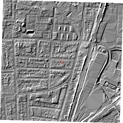 Shaded relief map of the ground around N170JG, computed from Environment Agency LiDAR. The ground here sits at about 10 m above sea level and falls 5 m across the surrounding 800 m. Surface water reaching this point runs off ground lying to the south, 0.6 m higher.