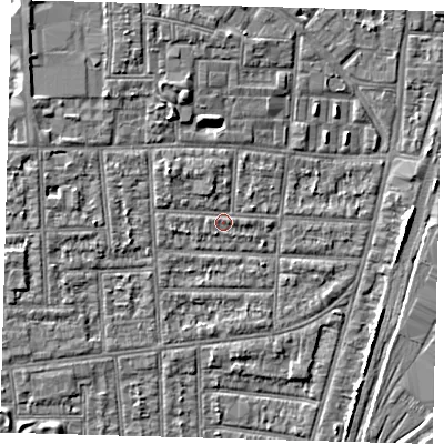 Shaded relief map of the ground around N170JH, computed from Environment Agency LiDAR. The ground here sits at about 10 m above sea level and falls 4 m across the surrounding 800 m. Surface water reaching this point runs off ground lying to the north-west, 1.8 m higher.