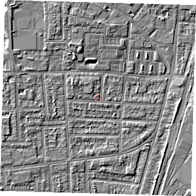 Shaded relief map of the ground around N170JJ, computed from Environment Agency LiDAR. The ground here sits at about 10 m above sea level and falls 4 m across the surrounding 800 m. Surface water reaching this point runs off ground lying to the west-north-west, 1.8 m higher.