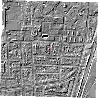 Shaded relief map of the ground around N170JL, computed from Environment Agency LiDAR. The ground here sits at about 10 m above sea level and falls 4 m across the surrounding 800 m. Surface water reaching this point runs off ground lying to the west-south-west, 1.5 m higher.