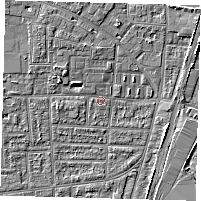 Shaded relief map of the ground around N170JN, computed from Environment Agency LiDAR. The ground here sits at about 10 m above sea level and falls 4 m across the surrounding 800 m. Surface water reaching this point runs off ground lying to the north-west, 3.7 m higher.