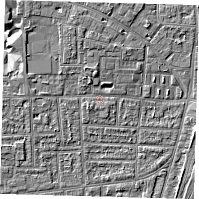 Shaded relief map of the ground around N170JP, computed from Environment Agency LiDAR. The ground here sits at about 10 m above sea level and falls 6 m across the surrounding 800 m. Surface water reaching this point runs off ground lying to the north, 2.8 m higher.