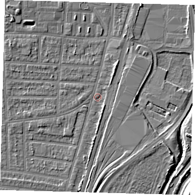 Shaded relief map of the ground around N170JU, computed from Environment Agency LiDAR. The ground here sits at about 9 m above sea level and falls 10 m across the surrounding 800 m. Surface water reaching this point runs off ground lying to the north-west, 3.7 m higher.