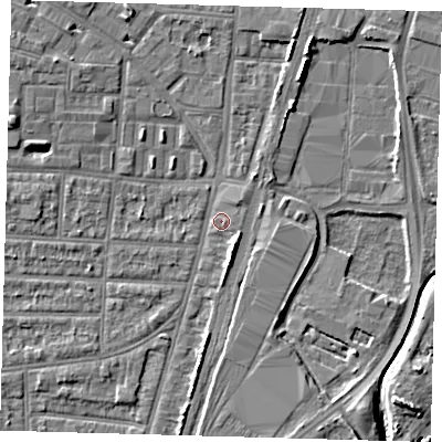 Shaded relief map of the ground around N170JX, computed from Environment Agency LiDAR. The ground here sits at about 10 m above sea level and falls 7 m across the surrounding 800 m. Surface water reaching this point runs off ground lying to the west-north-west, 3.7 m higher.