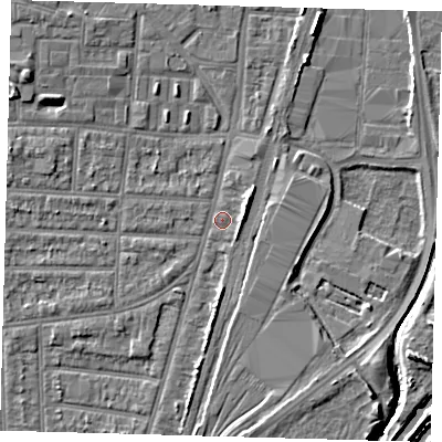 Shaded relief map of the ground around N170JY, computed from Environment Agency LiDAR. The ground here sits at about 10 m above sea level and falls 8 m across the surrounding 800 m. Surface water reaching this point runs off ground lying to the north-west, 3.7 m higher.
