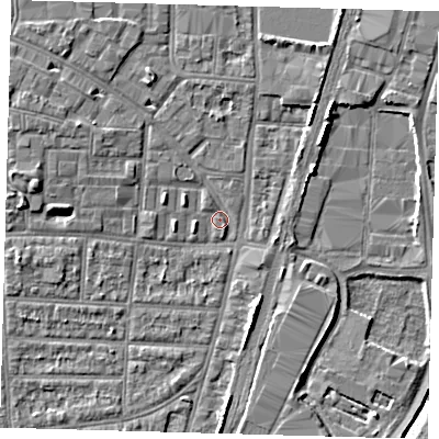 Shaded relief map of the ground around N170LB, computed from Environment Agency LiDAR. The ground here sits at about 10 m above sea level and falls 5 m across the surrounding 800 m. Surface water reaching this point runs off ground lying to the west, 3.7 m higher.
