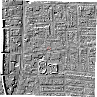 Shaded relief map of the ground around N170LP, computed from Environment Agency LiDAR. The ground here sits at about 10 m above sea level and falls 13 m across the surrounding 800 m. The ground contributing surface water to this point lies to the west-north-west.