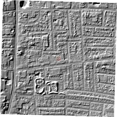 Shaded relief map of the ground around N170LR, computed from Environment Agency LiDAR. The ground here sits at about 10 m above sea level and falls 8 m across the surrounding 800 m. The ground contributing surface water to this point lies to the west-north-west.