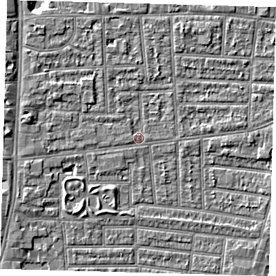 Shaded relief map of the ground around N170LS, computed from Environment Agency LiDAR. The ground here sits at about 10 m above sea level and falls 7 m across the surrounding 800 m. Surface water reaching this point runs off ground lying to the west, 0.8 m higher.