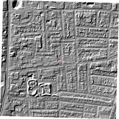 Shaded relief map of the ground around N170LT, computed from Environment Agency LiDAR. The ground here sits at about 9 m above sea level and falls 9 m across the surrounding 800 m. Surface water reaching this point runs off ground lying to the south-south-west, 0.9 m higher.