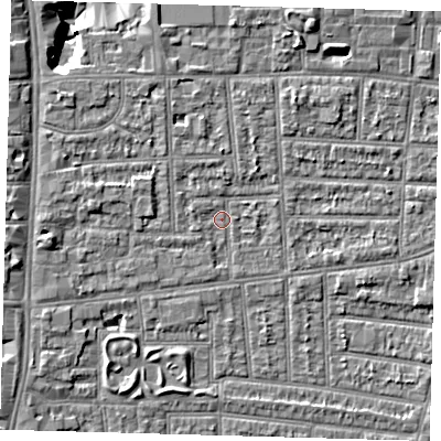 Shaded relief map of the ground around N170LU, computed from Environment Agency LiDAR. The ground here sits at about 10 m above sea level and falls 10 m across the surrounding 800 m. Surface water reaching this point runs off ground lying to the west, 3.0 m higher.