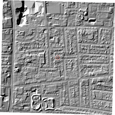 Shaded relief map of the ground around N170LX, computed from Environment Agency LiDAR. The ground here sits at about 10 m above sea level and falls 10 m across the surrounding 800 m. Surface water reaching this point runs off ground lying to the west-south-west, 2.7 m higher.