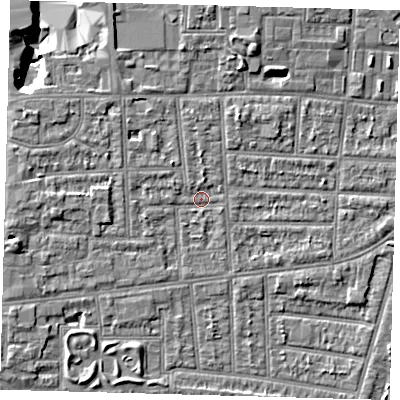 Shaded relief map of the ground around N170LY, computed from Environment Agency LiDAR. The ground here sits at about 10 m above sea level and falls 10 m across the surrounding 800 m. Surface water reaching this point runs off ground lying to the north-north-east, 2.5 m higher.