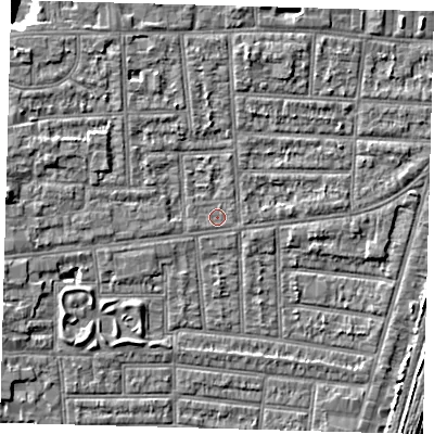 Shaded relief map of the ground around N170NA, computed from Environment Agency LiDAR. The ground here sits at about 9 m above sea level and falls 7 m across the surrounding 800 m. Surface water reaching this point runs off ground lying to the west, 0.9 m higher.